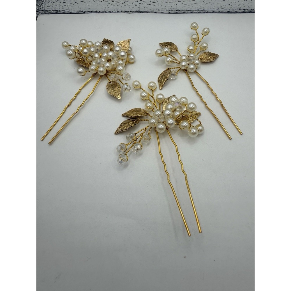 Set of 3 Gold Tone Faux Pearl and Crystal Bridal Hair Pins Wedding Accessories
